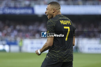 2023-05-21 - Kylian Mbappe of PSG celebrates his second goal during the French championship Ligue 1 football match between AJ Auxerre and Paris Saint-Germain on May 21, 2023 at Abbé-Deschamps stadium in Auxerre, France - FOOTBALL - FRENCH CHAMP - AUXERRE V PARIS SG - FRENCH LIGUE 1 - SOCCER