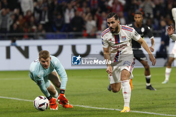 2023-05-19 - Rayan CHERKI of Lyon and Alexander NUBEL of Monaco during the French championship Ligue 1 football match between Olympique Lyonnais (Lyon) and AS Monaco on May 19, 2023 at Groupama Stadium in Decines-Charpieu near Lyon, France - FOOTBALL - FRENCH CHAMP - LYON V MONACO - FRENCH LIGUE 1 - SOCCER