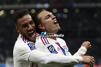 19/05/2023 - Maxence CAQUERET of Lyon celebrate a goal and Corentin TOLISSO of Lyon during the French championship Ligue 1 football match between Olympique Lyonnais (Lyon) and AS Monaco on May 19, 2023 at Groupama Stadium in Decines-Charpieu near Lyon, France - FOOTBALL - FRENCH CHAMP - LYON V MONACO - FRENCH LIGUE 1 - CALCIO