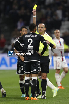2023-05-19 - Referee Benoit MILLOT yellow card to Vanderson DE OLIVEIRA CAMPOS of Monaco during the French championship Ligue 1 football match between Olympique Lyonnais (Lyon) and AS Monaco on May 19, 2023 at Groupama Stadium in Decines-Charpieu near Lyon, France - FOOTBALL - FRENCH CHAMP - LYON V MONACO - FRENCH LIGUE 1 - SOCCER