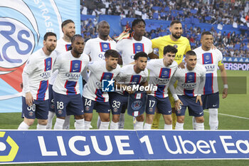 2023-05-27 - Team PSG poses before the French championship Ligue 1 Uber Eats football match between RC Strasbourg Alsace (RCSA) and Paris Saint-Germain (PSG) on May 27, 2023 at Stade de La Meinau in Strasbourg, France - FOOTBALL - FRENCH CHAMP - STRASBOURG V PARIS SG - FRENCH LIGUE 1 - SOCCER
