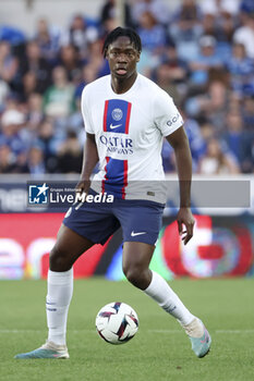 2023-05-27 - El Chadaille Bitshiabu of PSG during the French championship Ligue 1 Uber Eats football match between RC Strasbourg Alsace (RCSA) and Paris Saint-Germain (PSG) on May 27, 2023 at Stade de La Meinau in Strasbourg, France - FOOTBALL - FRENCH CHAMP - STRASBOURG V PARIS SG - FRENCH LIGUE 1 - SOCCER