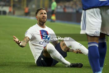 2023-05-27 - Sergio Ramos of PSG during the French championship Ligue 1 Uber Eats football match between RC Strasbourg Alsace (RCSA) and Paris Saint-Germain (PSG) on May 27, 2023 at Stade de La Meinau in Strasbourg, France - FOOTBALL - FRENCH CHAMP - STRASBOURG V PARIS SG - FRENCH LIGUE 1 - SOCCER