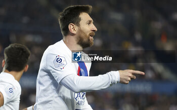 2023-05-27 - Lionel Messi of PSG celebrates his goal during the French championship Ligue 1 Uber Eats football match between RC Strasbourg Alsace (RCSA) and Paris Saint-Germain (PSG) on May 27, 2023 at Stade de La Meinau in Strasbourg, France - FOOTBALL - FRENCH CHAMP - STRASBOURG V PARIS SG - FRENCH LIGUE 1 - SOCCER