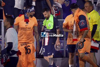 2023-06-03 - Lionel Messi of PSG during the trophy ceremony following the French championship Ligue 1 football match between Paris Saint-Germain (PSG) and Clermont Foot 63 on June 3, 2023 at Parc des Princes stadium in Paris, France - FOOTBALL - FRENCH CHAMP - PARIS SG V CLERMONT - FRENCH LIGUE 1 - SOCCER