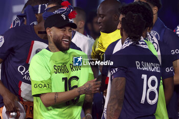 2023-06-03 - Neymar Jr, Renato Sanches of PSG celebrate during the trophy ceremony following the French championship Ligue 1 football match between Paris Saint-Germain (PSG) and Clermont Foot 63 on June 3, 2023 at Parc des Princes stadium in Paris, France - FOOTBALL - FRENCH CHAMP - PARIS SG V CLERMONT - FRENCH LIGUE 1 - SOCCER