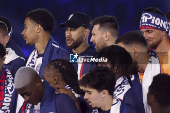 2023-06-03 - Neymar Jr, Lionel Messi of PSG during the Ligue 1 trophy ceremony following the French championship Ligue 1 football match between Paris Saint-Germain (PSG) and Clermont Foot 63 on June 3, 2023 at Parc des Princes stadium in Paris, France - FOOTBALL - FRENCH CHAMP - PARIS SG V CLERMONT - FRENCH LIGUE 1 - SOCCER