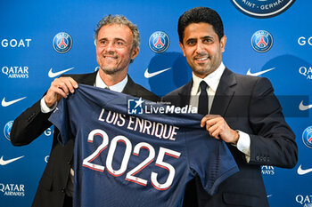 2023-07-05 - Nasser AL-KHELAIFI of PSG and Luis ENRIQUE during his presentation as new coach of Paris Saint-Germain on July 5, 2023 at Campus PSG in Poissy, France - FOOTBALL - PRESENTATION PARIS SG NEW COACH LUIS ENRIQUE - FRENCH LIGUE 1 - SOCCER