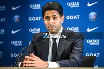 2023-07-05 - Nasser AL-KHELAIFI of PSG during the presentation of Luis ENRIQUE as the new coach of Paris Saint-Germain on July 5, 2023 at the PSG Campus in Poissy, France - FOOTBALL - PRESENTATION PARIS SG NEW COACH LUIS ENRIQUE - FRENCH LIGUE 1 - SOCCER