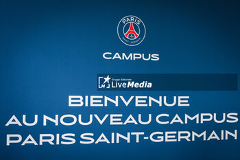 2023-07-05 - The welcome sign of the Campus PSG, the new training centre for the Paris Saint-Germain football team on July 5, 2023 in Poissy, France - FOOTBALL - PARIS SG NEW TRAINING CENTER - FRENCH LIGUE 1 - SOCCER