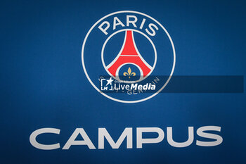 2023-07-05 - Illustration of the official logo of PSG at Campus PSG, the new training center for the Paris Saint-Germain football team on July 5, 2023 in Poissy, France - FOOTBALL - PARIS SG NEW TRAINING CENTER - FRENCH LIGUE 1 - SOCCER