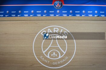 2023-07-05 - Illustration of the official logo of PSG at Campus PSG, the new training center for the Paris Saint-Germain football team on July 5, 2023 in Poissy, France - FOOTBALL - PARIS SG NEW TRAINING CENTER - FRENCH LIGUE 1 - SOCCER