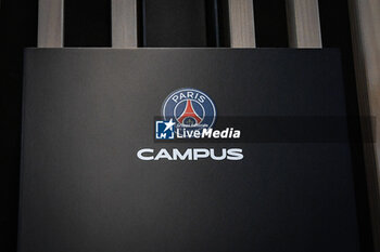 2023-07-05 - Illustration of the official PSG logo at Campus PSG, the new training center for the Paris Saint-Germain football team on July 5, 2023 in Poissy, France - FOOTBALL - PARIS SG NEW TRAINING CENTER - FRENCH LIGUE 1 - SOCCER