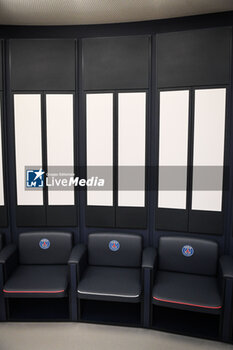 2023-07-05 - This illustration shows the official PSG logo on the seats in the changing room at the Campus PSG, the new training center for the Paris Saint-Germain football team on July 5, 2023 in Poissy, France - FOOTBALL - PARIS SG NEW TRAINING CENTER - FRENCH LIGUE 1 - SOCCER