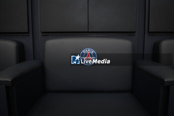 2023-07-05 - This illustration shows the official PSG logo on a seat in the changing room at the Campus PSG, the new training center for the Paris Saint-Germain football team on July 5, 2023 in Poissy, France - FOOTBALL - PARIS SG NEW TRAINING CENTER - FRENCH LIGUE 1 - SOCCER