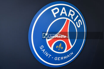 2023-07-05 - Illustration of the official PSG logo at Campus PSG, the new training center for the Paris Saint-Germain football team on July 5, 2023 in Poissy, France - FOOTBALL - PARIS SG NEW TRAINING CENTER - FRENCH LIGUE 1 - SOCCER