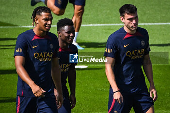 2023-07-20 - Cher NDOUR of PSG, Serif NHAGA of PSG and Manuel UGARTE of PSG during the training of the Paris Saint-Germain team on July 20, 2023 at Campus PSG in Poissy, France - FOOTBALL - TRAINING OF THE PARIS SG TEAM - FRENCH LIGUE 1 - SOCCER