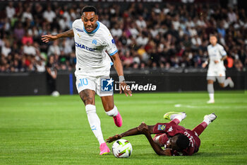 2023-08-18 - Pierre-Emerick AUBAMEYANG of Marseille and Abou (Ababacar) LO of Metz during the French championship Ligue 1 football match between FC Metz and Olympique de Marseille on August 18, 2023 at Saint-Symphorien stadium in Metz, France - FOOTBALL - FRENCH CHAMP - METZ V MARSEILLE - FRENCH LIGUE 1 - SOCCER