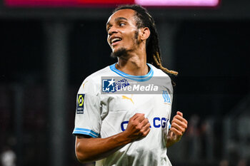 2023-08-18 - Emran SOGLO of Marseille celebrates his goal during the French championship Ligue 1 football match between FC Metz and Olympique de Marseille on August 18, 2023 at Saint-Symphorien stadium in Metz, France - FOOTBALL - FRENCH CHAMP - METZ V MARSEILLE - FRENCH LIGUE 1 - SOCCER
