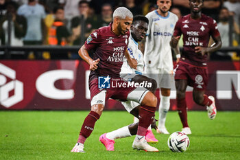 2023-08-18 - Youssef MAZIZ of Metz and during the French championship Ligue 1 football match between FC Metz and Olympique de Marseille on August 18, 2023 at Saint-Symphorien stadium in Metz, France - FOOTBALL - FRENCH CHAMP - METZ V MARSEILLE - FRENCH LIGUE 1 - SOCCER