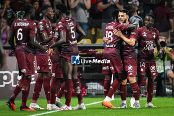 2023-08-18 - Georges MIKAUTADZE of Metz celebrate his goal with teammates during the French championship Ligue 1 football match between FC Metz and Olympique de Marseille on August 18, 2023 at Saint-Symphorien stadium in Metz, France - FOOTBALL - FRENCH CHAMP - METZ V MARSEILLE - FRENCH LIGUE 1 - SOCCER