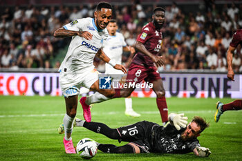2023-08-18 - Pierre-Emerick AUBAMEYANG of Marseille and Alexandre OUKIDJA of Metz during the French championship Ligue 1 football match between FC Metz and Olympique de Marseille on August 18, 2023 at Saint-Symphorien stadium in Metz, France - FOOTBALL - FRENCH CHAMP - METZ V MARSEILLE - FRENCH LIGUE 1 - SOCCER