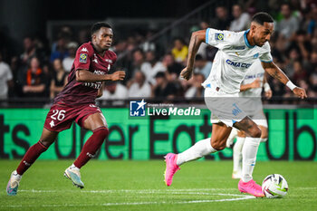 2023-08-18 - Malick MBAYE of Metz and Pierre-Emerick AUBAMEYANG of Marseille during the French championship Ligue 1 football match between FC Metz and Olympique de Marseille on August 18, 2023 at Saint-Symphorien stadium in Metz, France - FOOTBALL - FRENCH CHAMP - METZ V MARSEILLE - FRENCH LIGUE 1 - SOCCER