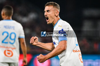 2023-08-18 - Valentin RONGIER of Marseille celebrates during the French championship Ligue 1 football match between FC Metz and Olympique de Marseille on August 18, 2023 at Saint-Symphorien stadium in Metz, France - FOOTBALL - FRENCH CHAMP - METZ V MARSEILLE - FRENCH LIGUE 1 - SOCCER