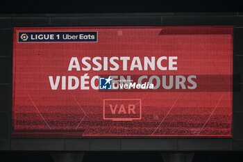 2023-08-18 - Big screen shows the video assistant (VAR) during the French championship Ligue 1 football match between FC Metz and Olympique de Marseille on August 18, 2023 at Saint-Symphorien stadium in Metz, France - FOOTBALL - FRENCH CHAMP - METZ V MARSEILLE - FRENCH LIGUE 1 - SOCCER