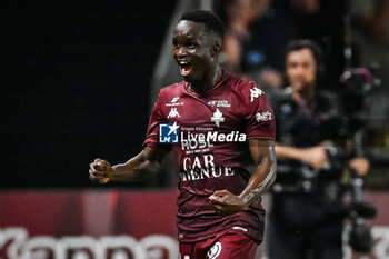 2023-08-18 - Cheikh SABALY of Metz celebrates his goal during the French championship Ligue 1 football match between FC Metz and Olympique de Marseille on August 18, 2023 at Saint-Symphorien stadium in Metz, France - FOOTBALL - FRENCH CHAMP - METZ V MARSEILLE - FRENCH LIGUE 1 - SOCCER