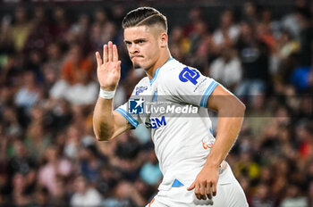 2023-08-18 - Vitor OLIVEIRA (Vitinha) of Marseille celebrates his goal during the French championship Ligue 1 football match between FC Metz and Olympique de Marseille on August 18, 2023 at Saint-Symphorien stadium in Metz, France - FOOTBALL - FRENCH CHAMP - METZ V MARSEILLE - FRENCH LIGUE 1 - SOCCER