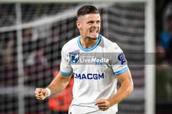 2023-08-18 - Vitor OLIVEIRA (Vitinha) of Marseille celebrates his goal during the French championship Ligue 1 football match between FC Metz and Olympique de Marseille on August 18, 2023 at Saint-Symphorien stadium in Metz, France - FOOTBALL - FRENCH CHAMP - METZ V MARSEILLE - FRENCH LIGUE 1 - SOCCER