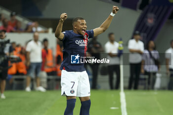 2023-08-20 - Kylian Mbappe of PSG celebrates a goal for PSG - a goal ultimately cancelled - during the French championship Ligue 1 football match between Toulouse FC and Paris Saint-Germain on August 19, 2023 at Stadium in Toulouse, France - FOOTBALL - FRENCH CHAMP - TOULOUSE V PARIS SG - FRENCH LIGUE 1 - SOCCER