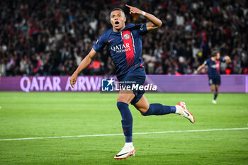 2023-08-26 - Kylian MBAPPE of PSG celebrates his goal during the French championship Ligue 1 football match between Paris Saint-Germain and RC Lens on August 26, 2023 at Parc des Princes stadium in Paris, France - FOOTBALL - FRENCH CHAMP - PARIS SG V LENS - FRENCH LIGUE 1 - SOCCER