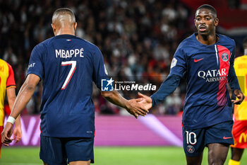 2023-08-26 - Kylian MBAPPE of PSG and Ousmane DEMBELE of PSG during the French championship Ligue 1 football match between Paris Saint-Germain and RC Lens on August 26, 2023 at Parc des Princes stadium in Paris, France - FOOTBALL - FRENCH CHAMP - PARIS SG V LENS - FRENCH LIGUE 1 - SOCCER