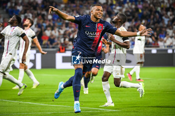 2023-09-03 - Kylian MBAPPE of PSG celebrates his goal during the French championship Ligue 1 football match between Olympique Lyonnais (Lyon) and Paris Saint-Germain on September 3, 2023 at Groupama stadium in Decines-Charpieu near Lyon, France - FOOTBALL - FRENCH CHAMP - LYON V PARIS SG - FRENCH LIGUE 1 - SOCCER