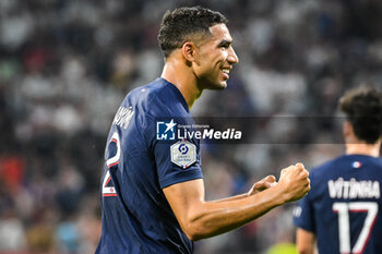 2023-09-03 - Achraf HAKIMI of PSG celebrates his goal during the French championship Ligue 1 football match between Olympique Lyonnais (Lyon) and Paris Saint-Germain on September 3, 2023 at Groupama stadium in Decines-Charpieu near Lyon, France - FOOTBALL - FRENCH CHAMP - LYON V PARIS SG - FRENCH LIGUE 1 - SOCCER