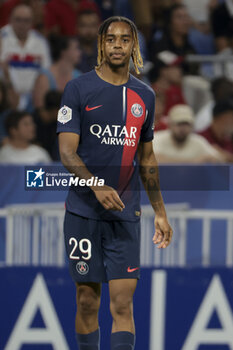 2023-09-03 - Bradley Barcola of PSG during the French championship Ligue 1 football match between Olympique Lyonnais (Lyon, OL) and Paris Saint-Germain (PSG) on September 3, 2023 at Groupama stadium in Decines-Charpieu near Lyon, France - FOOTBALL - FRENCH CHAMP - LYON V PARIS SG - FRENCH LIGUE 1 - SOCCER