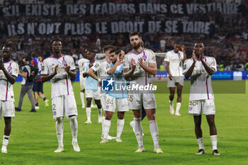 2023-09-03 - Sinaly DIOMANDE of Lyon and Duje CALETA-CAR of Lyon and Ainsley MAITLAND-NILES of Lyon during the French championship Ligue 1 football match between Olympique Lyonnais (Lyon) and Paris Saint-Germain on September 3, 2023 at Groupama stadium in Decines-Charpieu near Lyon, France - FOOTBALL - FRENCH CHAMP - LYON V PARIS SG - FRENCH LIGUE 1 - SOCCER