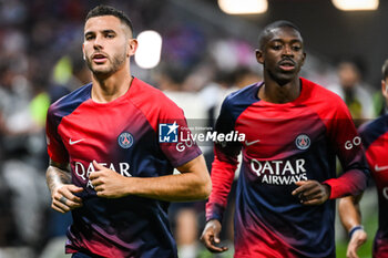 2023-09-03 - Lucas HERNANDEZ of PSG and Ousmane DEMBELE of PSG during the French championship Ligue 1 football match between Olympique Lyonnais (Lyon) and Paris Saint-Germain on September 3, 2023 at Groupama stadium in Decines-Charpieu near Lyon, France - FOOTBALL - FRENCH CHAMP - LYON V PARIS SG - FRENCH LIGUE 1 - SOCCER