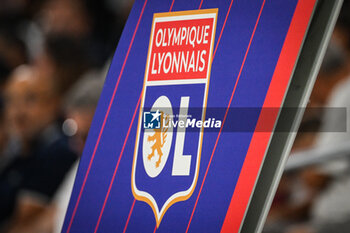 2023-09-03 - Illustration of the official logo of Lyon during the French championship Ligue 1 football match between Olympique Lyonnais (Lyon) and Paris Saint-Germain on September 3, 2023 at Groupama stadium in Decines-Charpieu near Lyon, France - FOOTBALL - FRENCH CHAMP - LYON V PARIS SG - FRENCH LIGUE 1 - SOCCER