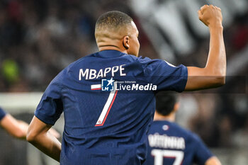 2023-09-03 - Kylian MBAPPE of PSG celebrates his goal during the French championship Ligue 1 football match between Olympique Lyonnais (Lyon) and Paris Saint-Germain on September 3, 2023 at Groupama stadium in Decines-Charpieu near Lyon, France - FOOTBALL - FRENCH CHAMP - LYON V PARIS SG - FRENCH LIGUE 1 - SOCCER
