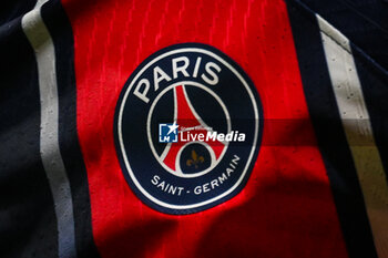 2023-09-03 - Illustration of the official logo of PSG during the French championship Ligue 1 football match between Olympique Lyonnais (Lyon) and Paris Saint-Germain on September 3, 2023 at Groupama stadium in Decines-Charpieu near Lyon, France - FOOTBALL - FRENCH CHAMP - LYON V PARIS SG - FRENCH LIGUE 1 - SOCCER