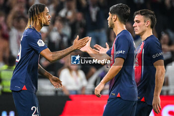 2023-09-03 - Bradley BARCOLA of PSG, Marco ASENSIO of PSG and Manuel UGARTE of PSG during the French championship Ligue 1 football match between Olympique Lyonnais (Lyon) and Paris Saint-Germain on September 3, 2023 at Groupama stadium in Decines-Charpieu near Lyon, France - FOOTBALL - FRENCH CHAMP - LYON V PARIS SG - FRENCH LIGUE 1 - SOCCER