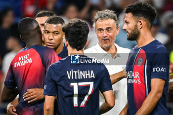 2023-09-03 - Kylian MBAPPE of PSG, Vitor MACHADO FERREIRA (Vitinha) of PSG, Luis ENRIQUE of PSG and Goncalo RAMOS of PSG during the French championship Ligue 1 football match between Olympique Lyonnais (Lyon) and Paris Saint-Germain on September 3, 2023 at Groupama stadium in Decines-Charpieu near Lyon, France - FOOTBALL - FRENCH CHAMP - LYON V PARIS SG - FRENCH LIGUE 1 - SOCCER