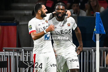 2023-09-15 - Terem MOFFI of Nice celebrate his goal with Gaetan LABORDE of Nice during the French championship Ligue 1 football match between Paris Saint-Germain and OGC Nice on September 15, 2023 at Parc des Princes stadium in Paris, France - FOOTBALL - FRENCH CHAMP - PARIS SG V NICE - FRENCH LIGUE 1 - SOCCER