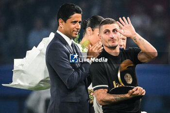 2023-09-15 - Nasser AL-KHELAIFI of PSG and Marco VERRATTI of PSG during the French championship Ligue 1 football match between Paris Saint-Germain and OGC Nice on September 15, 2023 at Parc des Princes stadium in Paris, France - FOOTBALL - FRENCH CHAMP - PARIS SG V NICE - FRENCH LIGUE 1 - SOCCER