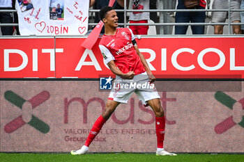 2023-09-17 - Amir RICHARDSON of Reims celebrates his goal during the French championship Ligue 1 football match between Stade De Reims and Stade Brestois on September 17, 2023 at Auguste Delaune stadium in Reims, France - FOOTBALL - FRENCH CHAMP - REIMS V BREST - FRENCH LIGUE 1 - SOCCER
