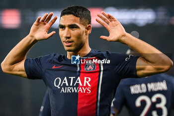 2023-09-24 - Achraf HAKIMI of PSG celebrates his goal during the French championship Ligue 1 football match between Paris Saint-Germain and Olympique de Marseille on September 24, 2023 at Parc des Princes stadium in Paris, France - FOOTBALL - FRENCH CHAMP - PARIS SG V MARSEILLE - FRENCH LIGUE 1 - SOCCER