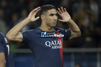 2023-09-24 - Achraf Hakimi of PSG celebrates his goal during the French championship Ligue 1 football match between Paris Saint-Germain and Olympique de Marseille on September 24, 2023 at Parc des Princes stadium in Paris, France - FOOTBALL - FRENCH CHAMP - PARIS SG V MARSEILLE - FRENCH LIGUE 1 - SOCCER